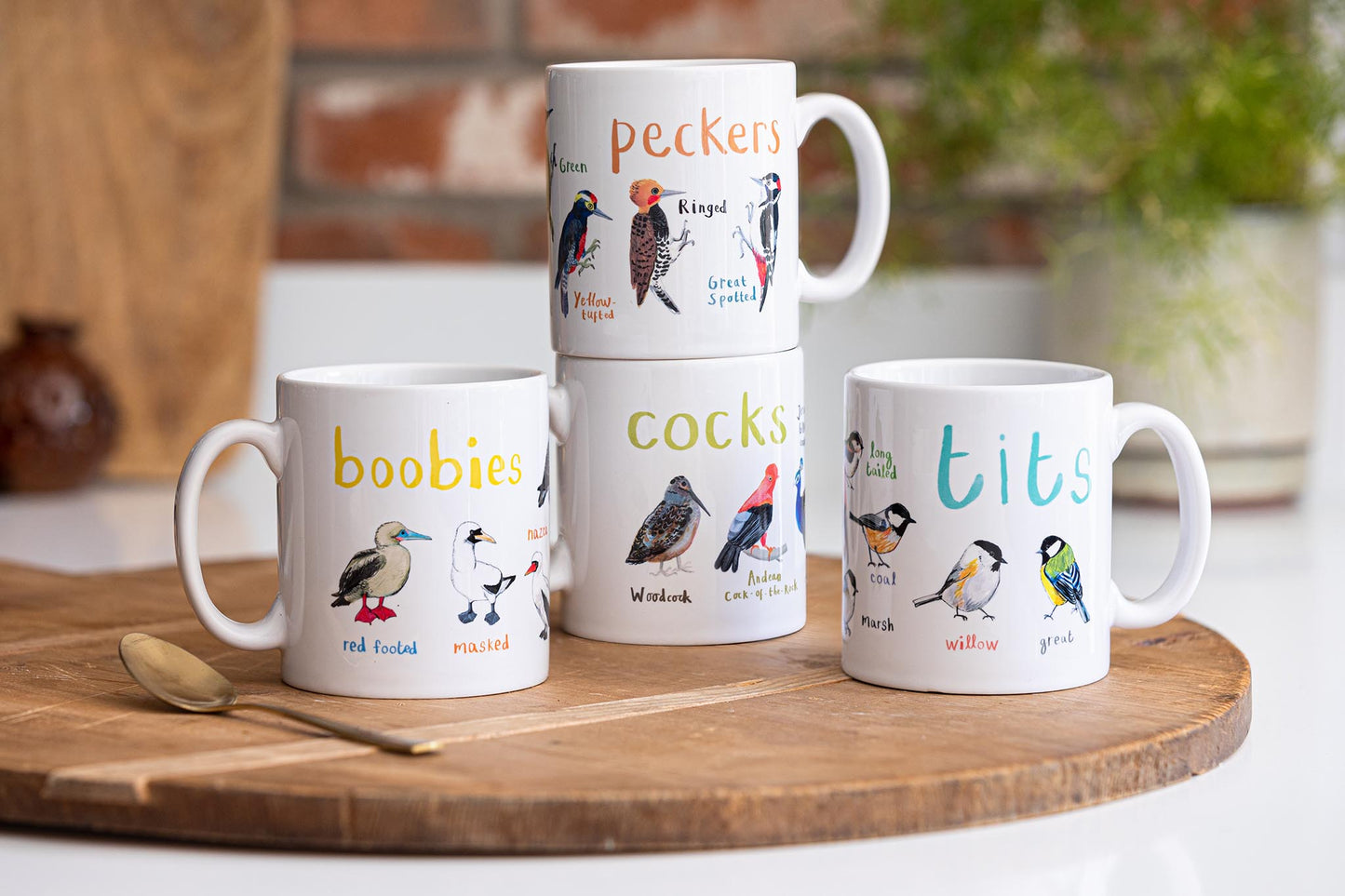Set of 4 Ceramic Bird Pun Mugs - Tits, Boobies, Cocks and Peckers