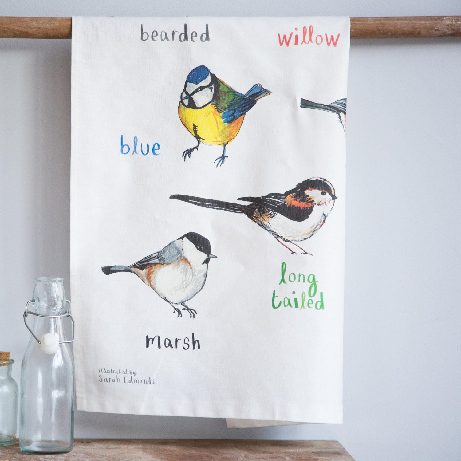 Susannah Cotton Tea Towel 100% Cotton Long Tailed Bird on Blue