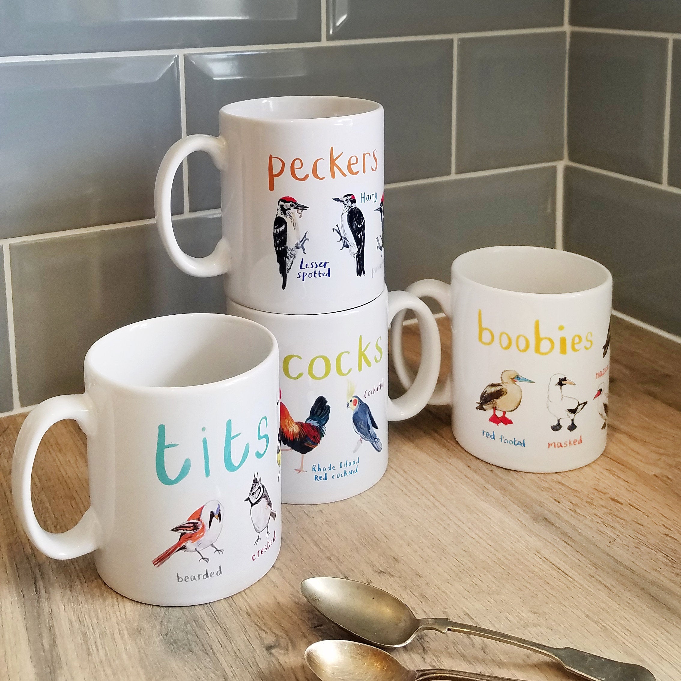 Nice Tits Pecker Boobies 3 Enamel Mugs Family BUNDLE | Funny Christmas & Halloween Gift for Bird store Lovers